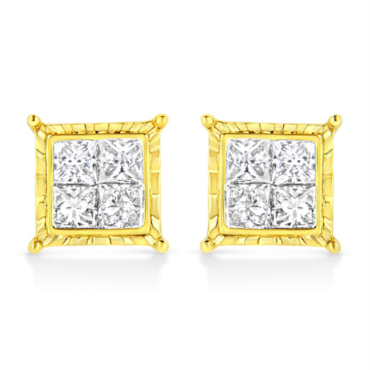 Boucles d'oreilles clous carrées en or jaune 14 carats avec diamants taille princesse 1 carat