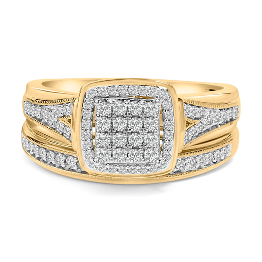 Parure de mariée en or jaune 14 carats plaqué argent sterling avec grappe de diamants carrée de 0,5 carat