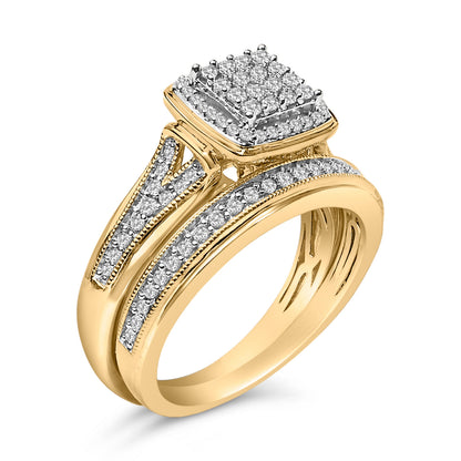 14K Yellow Gold Plated Sterling Silver 1/2 Cttw Diamond Square Cluster Bridal Set
