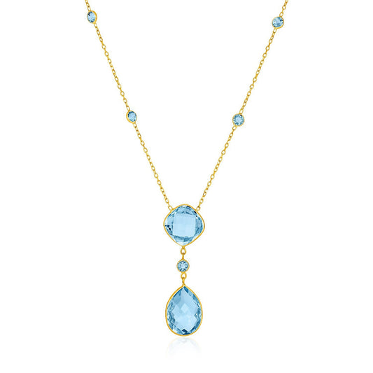 Collier en or jaune 14 carats avec des briolettes de topaze bleue poire et coussin