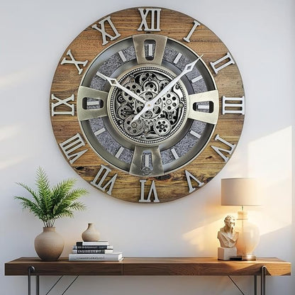 The Gears Clock Real Moving Gear Wall Clock England Line (Wood & Stone, 24 inches (60 cm))