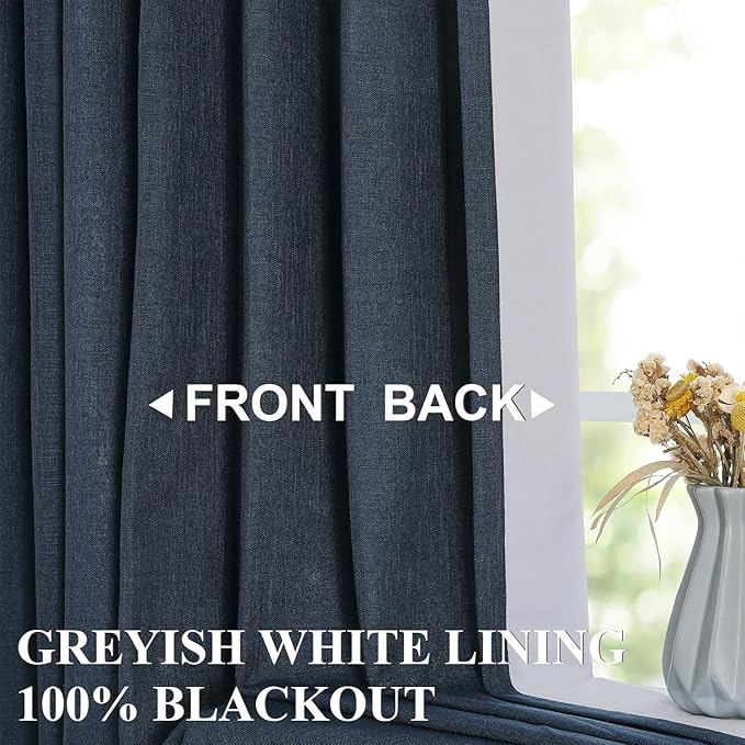 Vision Home Navy Blue Pinch Pleated Full Blackout Curtains Linen Blended Room Darkening Curtain Panels 112 inch for Living Room Bedroom Thermal Insulated Pinch Pleat Drapes with Hooks 40" Wx112 Lx2