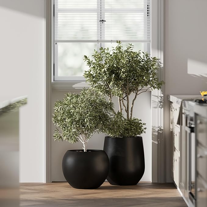 DTY Signature Mount Sherman Lightweight Durable Modern Fiberstone Sphere Planter for Indoor & Outdoor Drainage Hole & Rubber Plug Weather Resistant, 13.5" H x 17" Dia, 12" Opening- Medium, Black