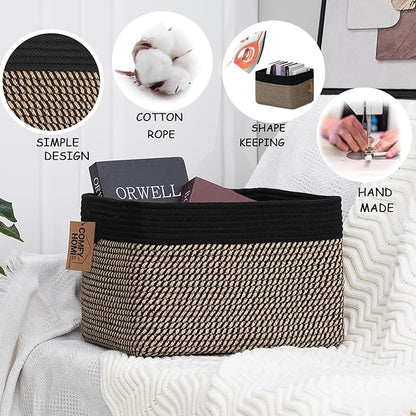 COMFY-HOMI 3PACK Cotton Rope Square Basket with Handles for Shelves|Dog Toy Bin and Storage|Baby Gift|Shoe Organizer|New 13.5" x 11" x 9.5" for Living Room (Black/Jute)
