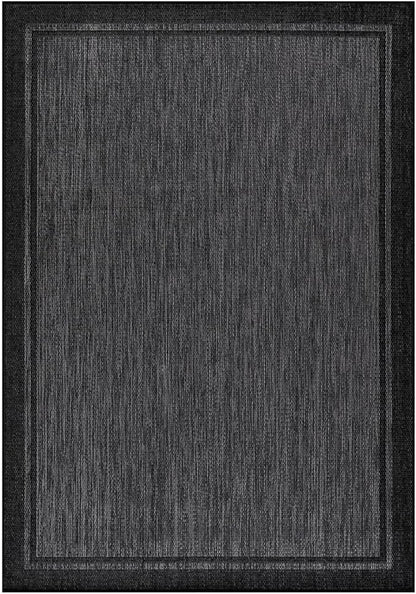 CAMILSON Indoor Outdoor Rug, 8x10 Bordered Dark Gray Black Modern Area Rugs for Indoor and Outdoor Patios, Kitchen and Hallway Mats, Washable Porch Deck Outside Carpet (Bordered Black, 8 x 10)