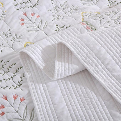 MarCielo 3-Piece 100% Cotton Oversized Bedspread Lightweight Quilt Coverlet Embroidery Farmhouse Bedding Set(TL Floral White,Oversized Queen (100"x106"))