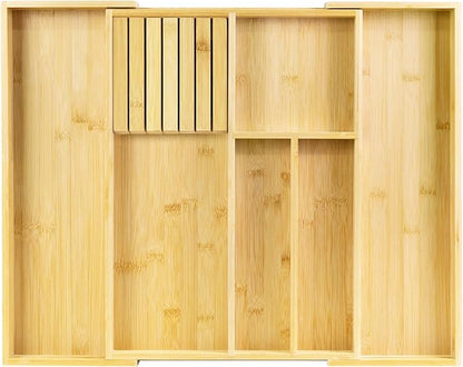 VaeFae Bamboo Kitchen Drawer Organizer, Wooden Utensil Tray with Multiple Compartments, Cutlery and Silverware Storage