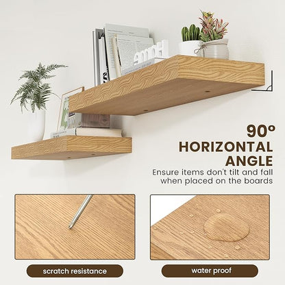 Deep Floating Shelves for Wall, 35.4W x 11.6D Rustic Large Wall Shelves Set of 2, 11.6 Inch Deep Oak Shelves 35.4 Inches Long, Bookshelf Laundry Shelf TV Shelf