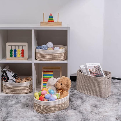 Shelf Storage Baskets for Organizing|Decorative Basket for Closet Storage|Toy Baskets&Bins|Small Woven Rope Baskets-13x8.66x5.11’’,Durable&Stylish,Oval 3 Packs Off White&Mixed Camel