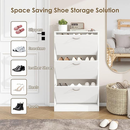Shoe Storage Cabinet Set of 2 with 3 Flip Drawers, Narrow Shoe Cabinet Freestanding Slim Shoe Storage Organizer for Entryway, Hallway, Entrance, Bedroom, Living Room, White