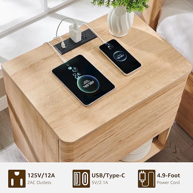 Nightstand Set of 2 with Charging Station, 22" Large Modern Bedside Table with 2 Drawers Storage,Push-to-Open End Table for Bedroom,Living Room,Natural Oak