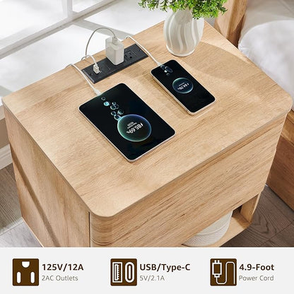 Nightstand Set of 2 with Charging Station, 22" Large Modern Bedside Table with 2 Drawers Storage,Push-to-Open End Table for Bedroom,Living Room,Natural Oak