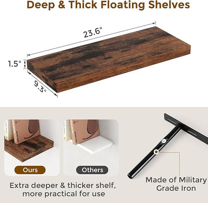 24 x 9 Floating Shelves, 9 Inch Deep Floating Shelf Wall Mounted, 24 Inch Bathroom Shelves Set of 2, Rustic Wood Wall Shelf for Bedroom, Living Room, Rustic Brown Color