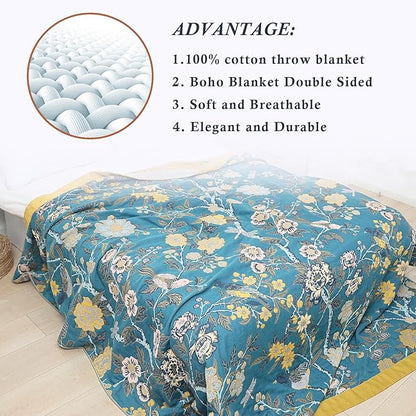 Snycler Boho Throw Blanket for Bed - 100% Cotton Ultra Soft Rustic Quilt Blanket Green Bird Floral Printed Farmhouse Decor Bed Blankets, 80"×90" All Season Rustic Throw for Sofa Couch Chair
