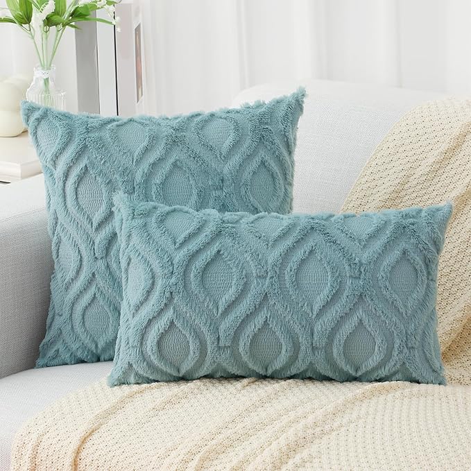 decorUhome Fall Throw Pillow Covers 18x18 Inch Set of 2, Soft Plush Decorative Faux Fur Aqua Solid Couch Pillow Covers, Accent Farmhouse Neutral Square Euro Pillow Cases for Sofa Bed Living Room