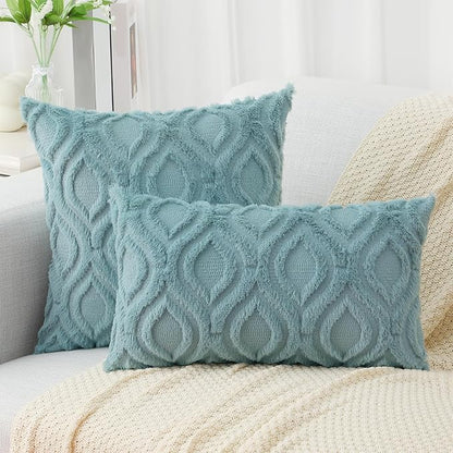 decorUhome Fall Throw Pillow Covers 18x18 Inch Set of 2, Soft Plush Decorative Faux Fur Aqua Solid Couch Pillow Covers, Accent Farmhouse Neutral Square Euro Pillow Cases for Sofa Bed Living Room
