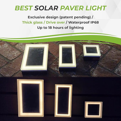 LUMENGY Solar Paver Light 6×9 inch, 2700K, Up to 20 Hours Continuous Lighting, Stainless Steel, Thick Glass, Glare-Free Illumination for Driveways, Pathways & Garden, Waterproof & Drive-Over Rated