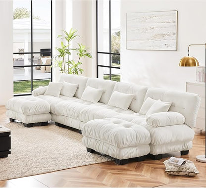 U Shaped Couch Sectional Couch, 4-Seater Cloud Couch Sectional Oversized Couch, Sofa Bed Couch with Round Bolster Armrests 6 Pillows, Modular Couch Home Sofa Living Room Couch(White)