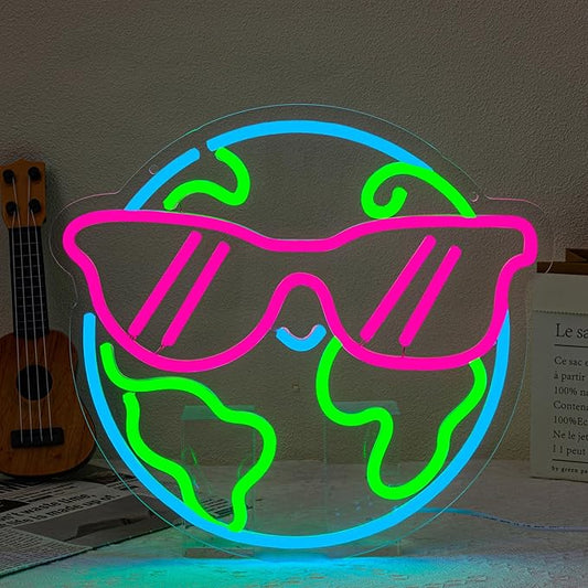 Earth Neon Sign Sunglasses Neon Light for Wall Decor Planet Neon Light Colorful LED Neon sign USB Powered LED Light Up Sign for Bedroom Kids Room Classroom Decoration
