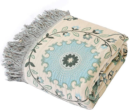 Snycler Boho Throw Blanket for Bed - 100% Cotton Ultra Soft Rustic Quilt - Blue Boho Floral Printed Farmhouse Decor Bed Blankets, 80"×90" All Season Rustic Throw for Sofa Couch Chair