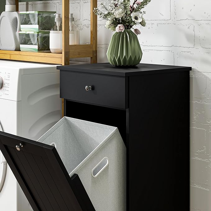 HOMCOM Laundry Hamper with Removable Basket, Tilt Out Hamper with Drawer and Beadboard Door, Bathroom Storage Cabinet, Black