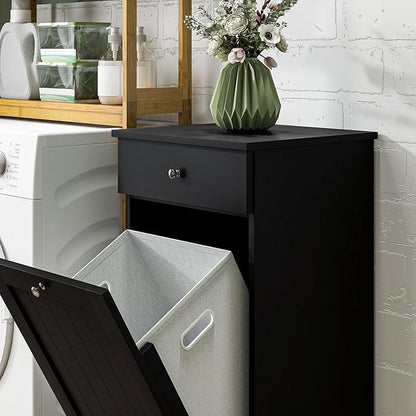 HOMCOM Laundry Hamper with Removable Basket, Tilt Out Hamper with Drawer and Beadboard Door, Bathroom Storage Cabinet, Black