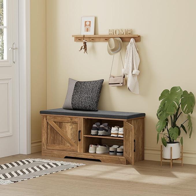 2-Tier Storage Bench, Shoe Bench with Padded Seat Cushion, Entryway Bench with 2 Barn Doors, Adjustable Shelf, 13.8" D x 39.4" W x 17.7" H, for Entryway, Living Room, Bedroom, Rustic Walnut