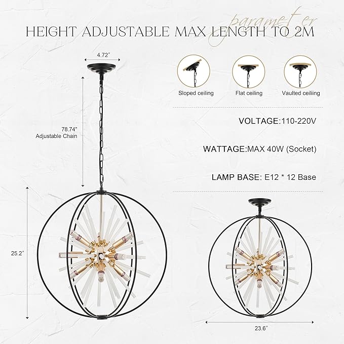23.6" Black Gold 12-Light Globe Sputnik Chandelier Modern Adjustable Hanging Ceiling Glass Tube Pendant Light Fixture for Entryway Foyer Staircase Dining Living Room Hallway