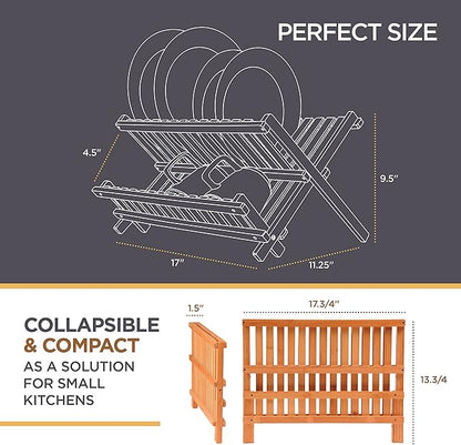 BAMBUSI Dish Drying Rack - Collapsible 2-Tier Bamboo Dish Rack for Kitchen Counter, Wooden Dish Drainer with Foldable Space-Saving Design - Drying Rack for Dishes, Plates, and Cups - Housewarming Gift