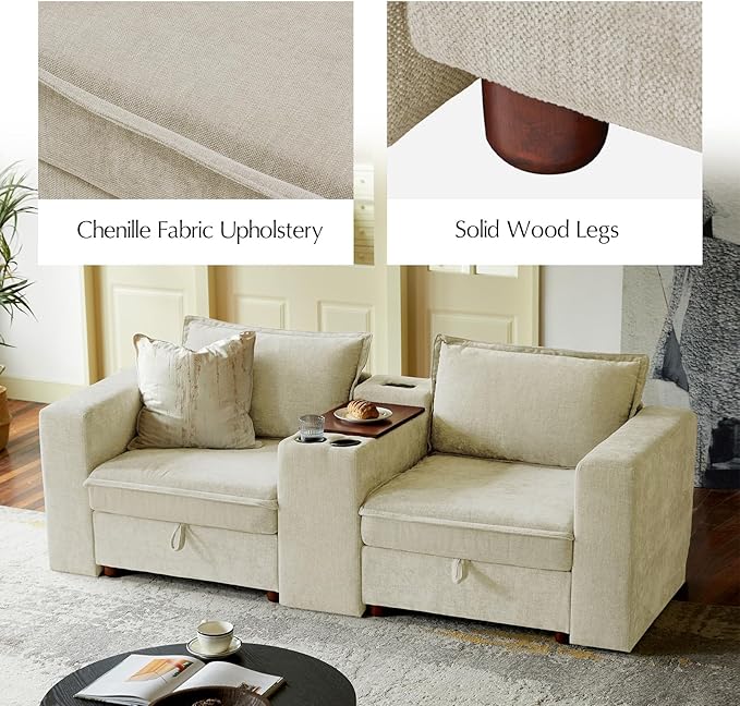 HULALA HOME Modular Sectional Sofa with USB Port and Console, 6 Seater Sofa with Storage Ottoman, Oversized U Shaped Couches for Living Room, FSC Certified, Beige