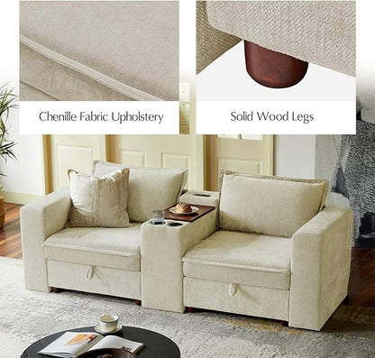 HULALA HOME Modular Sectional Sofa with USB Port and Console, 6 Seater Sofa with Storage Ottoman, Oversized U Shaped Couches for Living Room, FSC Certified, Beige
