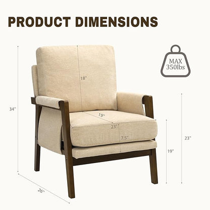 Modern Accent Chair for Living Room Mid Century Arm Chair Upholstered Bedroom Chair Comfy Lounge Chair with Solid Wood Frame, Beige