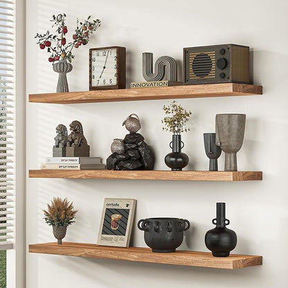 Floating Shelves for Wall, 32"W x 9.3"D x 1.5"H Rustic Solid Elm Wood Wall Shelves, Set of 2 with Invisible Heavy-Duty Metal Bracket, Deep Floating Shelf for Living Room Kitchen, Natural