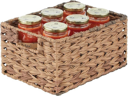 mDesign Woven Farmhouse Kitchen Pantry Food Storage Organizer Basket Bin Box - Container Organization for Cabinets, Cupboards, Shelves, Countertops - Store Potatoes, Onions, Fruit, 3 Pack, Brown Ombre