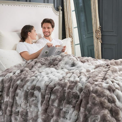 Cozy Bliss Faux Fur Throw Blanket for Couch, Fuzzy Soft Plush Thick Bubble Blanket for Sofa Bedroom Living Room, 90 * 90 Inches Tie Dye Taupe
