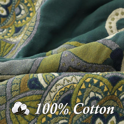 Snycler Boho Throw Blanket for Bed - 100% Cotton Ultra Soft Rustic Quilt - Green Boho Floral Printed Farmhouse Decor Bed Blankets, 80"×90" All Season Rustic Throw for Sofa Couch Chair