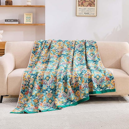 Boho Blanket Throw Quilt, 100% Cotton Soft Light Weight Throw Blankets for Summer, 80"x90" Farmhouse Flower Decorative Blankets, All Season Rustic Reversible Bohemian Throw Quilt