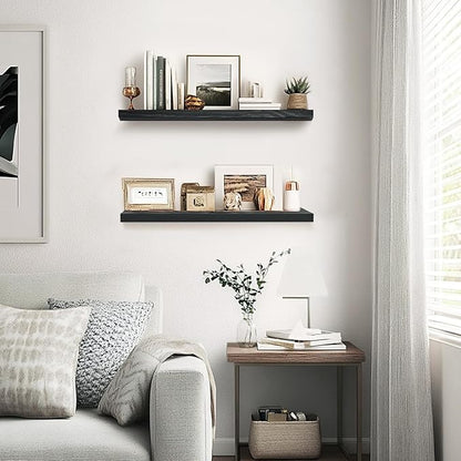 Floating Wall Shelves 2-Pack - Rustic Black 16-inch Wooden Wall Shelves for Storage and Décor, Multi-Functional and Easy to Install for Living Room, Bedroom, and Kitchen