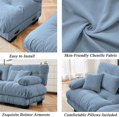 Modular Sectional Sofa, Comfy Cloud Couch 4 Seater Couch with Ottoman, Sectional Couches for Living Room, Modern Chenille U Shaped Couches, Sleeper Deep Seat Sofa with Throw Pillows, Blue