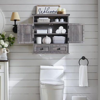 Bathroom Wall Cabinet, Farmhouse Medicine Cabinet, 24" Wide Cabinet with Drawer, Adjustable Shelf, Double Barn Doors, Storage Cabinet for Bathroom, Kitchen, Living Room, Grey Wash