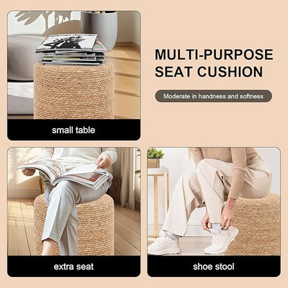 16'' Round Ottoman Natural Seagrass Braided Poof Hand Weaving Round Ottomans Boho Footrest Stool for Home Living Room Bedroom Patio(Natural)