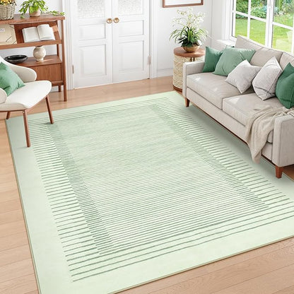Wonnitar Washable Striped 5x7 Living Room Area Rug, Non-Slip Green Berber Stripe Rugs for Bedroom, Low Pile Soft Minimalist Floor Carpets for Kids Nursery Room Dining Room (Green,5' x 7')