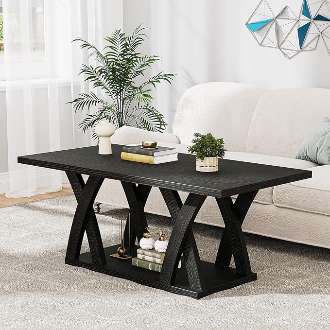 47” Wood Coffee Tables for Living Room Rustic Stands with Storage Shelf Black Coffee Tables for Living Room Farmhouse Center Stands with Shelf Farmhouse Rectangle Center Table
