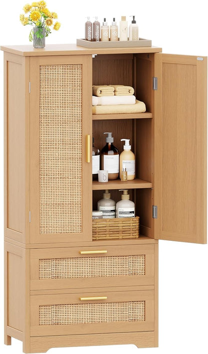 50.4" H Bathroom Storage Cabinet, Modern Floor Cabinet with Adjustable Shelf, Small Pantry with 2 Doors & Drawers, Storage Cabinet for Bathroom, Living Room, Kitchen, Natural KES007MCWG