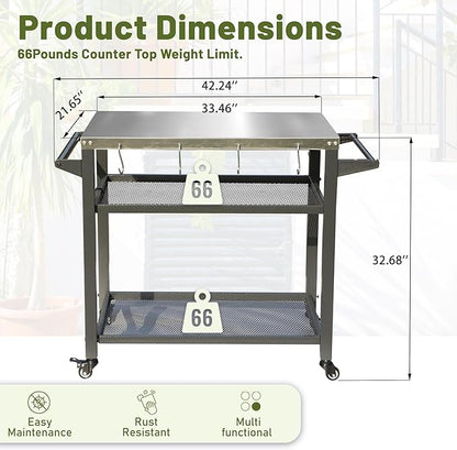 Domi 3-Shelf Outdoor Grill Table, Grill Cart with Wheels, Outdoor Pizza Oven and Food Prep Table, Blackstone with Stainless Steel Tabletop, BBQ Stand for Blackstone Griddle for Outside BBQ