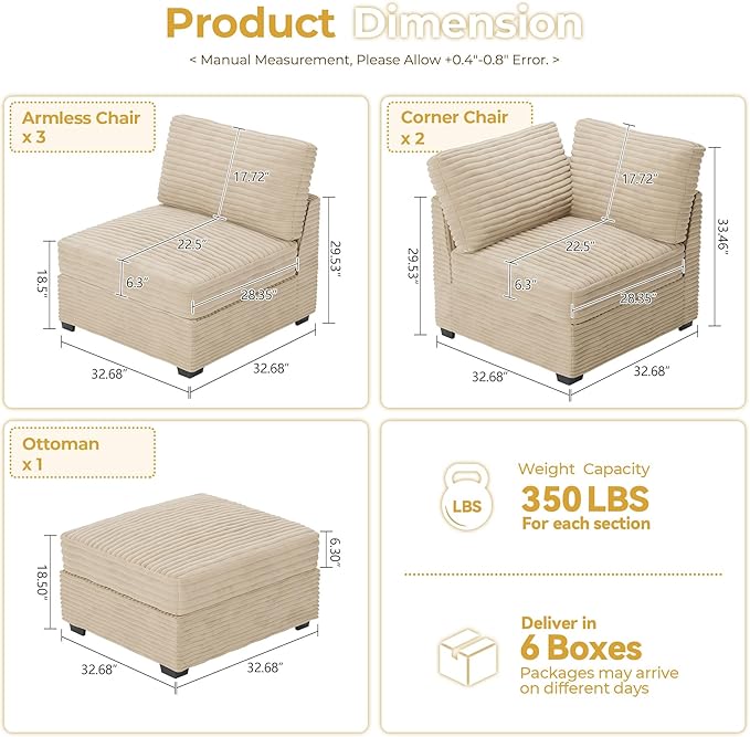 HOOOWOOO Modular Sectional Sofa,6 Pieces Sectional Couches for Living Room,98X98 L Shaped Cloud Couch with Ottoman Chaise Set(Beige Velvet Corduroy)