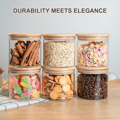 Glass Food Storage Jars 6-Pack - 4x4 in-Clear Glass Food Canisters with Bamboo Lid Airtight For Serving Tea, Coffee, Flour, Sugar, Candy, Cookie, Spice and More (Circular)
