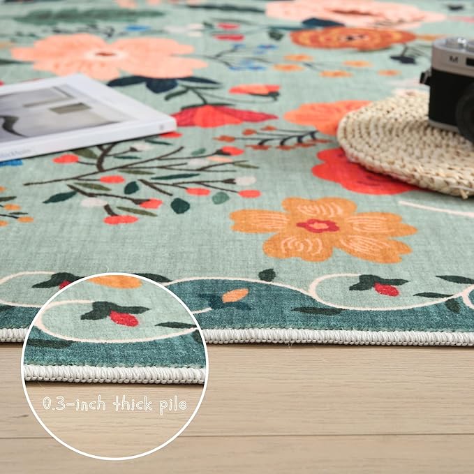 Round Rug 6ft Washable Circle Rug Non Slip Low Pile Boho Floral Small Circular Rug for Bedroom, Bathroom, Entryway, Kids Room, Office, College Dorm(Green)
