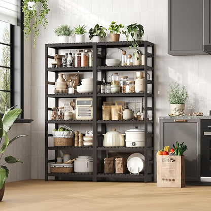 FOTOSOK 6-Tier Bamboo Shelf Set of 2, Bamboo Bookcase with Adjustable Shelves, Free Standing Storage Shelf Unit and Plant Flower Stand, Tall Large Bookshelf for Kitchen, Bathroom, Home Office, Vintage