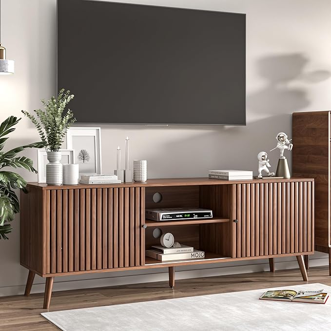 Mid Century Modern TV Stand for Televisions up to 70 Inches, with Sliding Doors and Storage, Television Stands, TV Consoles, Media Consoles for Living Room, 63 Inch (Walnut)